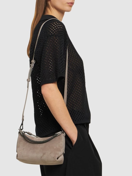 Brunello Cucinelli: Small softy velour leather shoulder bag - Grey - women_1 | Luisa Via Roma