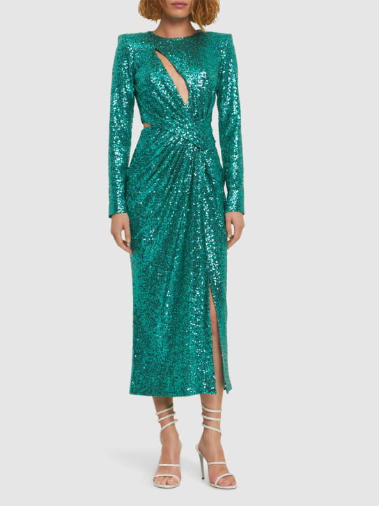 Zuhair Murad: Sequined draped long sleeve midi dress - Green Water - women_1 | Luisa Via Roma