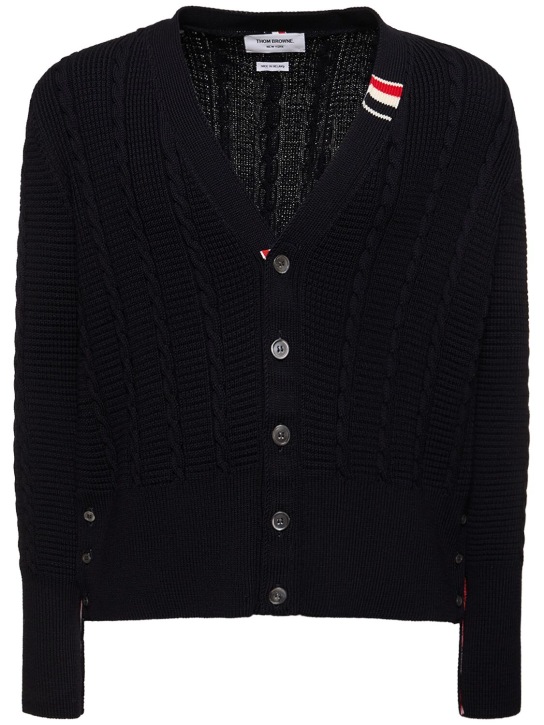 Thom Browne: Cardigan relaxed fit in maglia a trecce - Navy - men_0 | Luisa Via Roma