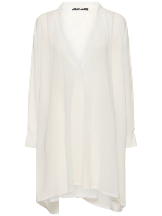 Balmain: 亮面平纹针织V领迷你罩衫式连衣裙 - 白色 - women_0 | Luisa Via Roma
