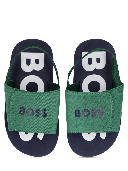 Boss: Sandalias con tiras elásticas y logo - Verde/Navy - kids-boys_1 | Luisa Via Roma