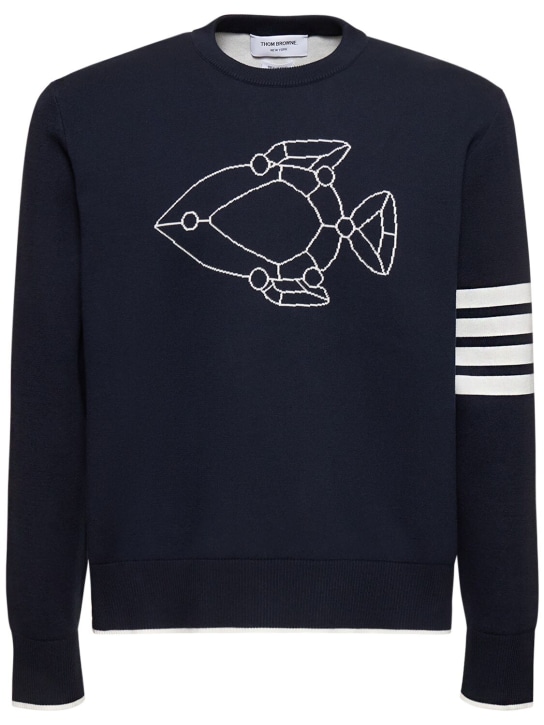 Thom Browne: Cotton blend jacquard crewneck sweater - Lacivert - men_0 | Luisa Via Roma