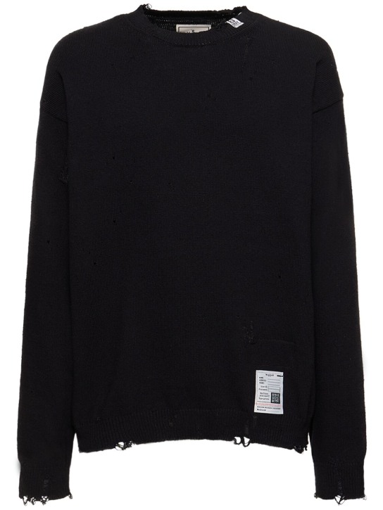 Mihara Yasuhiro: Distressed cotton crewneck sweater - Siyah - men_0 | Luisa Via Roma
