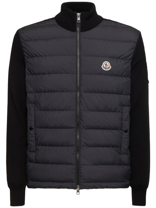 Moncler: Cotton & tech zip-up cardigan jacket - Siyah - men_0 | Luisa Via Roma