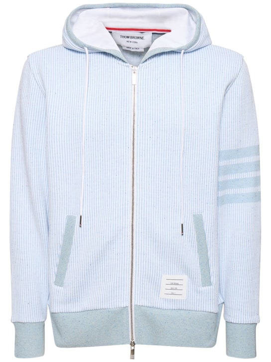 Thom Browne: Cotton & silk zip-up hoodie - Light Blue - men_0 | Luisa Via Roma