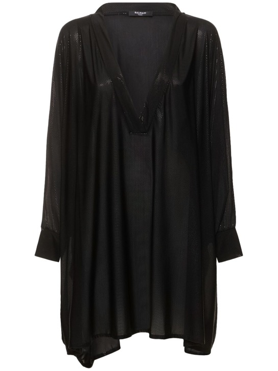 Balmain: Robe caftan courte en jersey brillant à col en V - Noir - women_0 | Luisa Via Roma