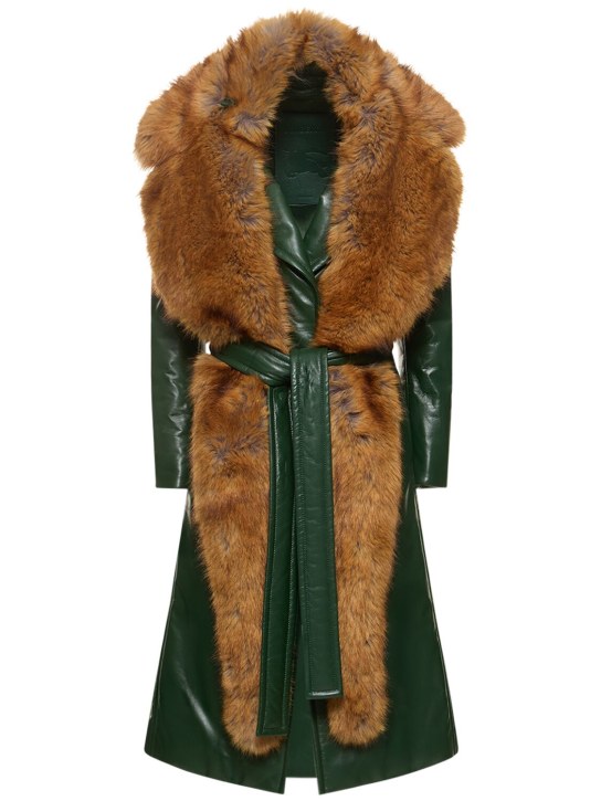 Burberry: Trench-coat en cuir avec fourrure amovible - Vert Foncé - women_0 | Luisa Via Roma