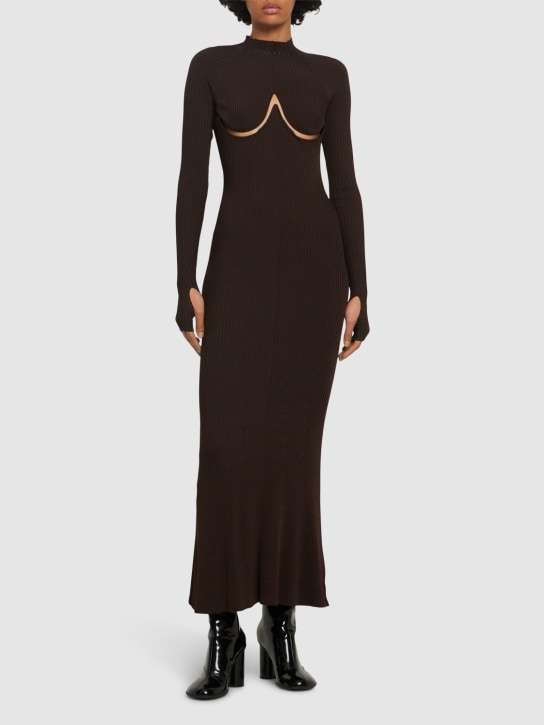 Dion Lee: Viscose blend knit long sleeve dress - Dark Brown - women_1 | Luisa Via Roma