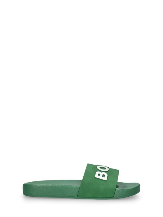 Boss: Logo print rubber slide sandals - Yeşil - kids-boys_0 | Luisa Via Roma