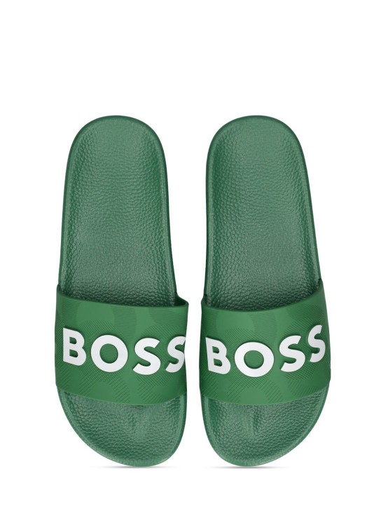 Boss: Logo print rubber slide sandals - Green - kids-boys_1 | Luisa Via Roma