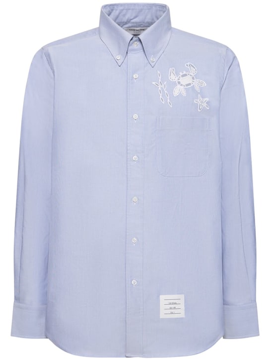 Thom Browne: 系扣领直筒版型长袖衬衫 - 浅蓝色 - men_0 | Luisa Via Roma