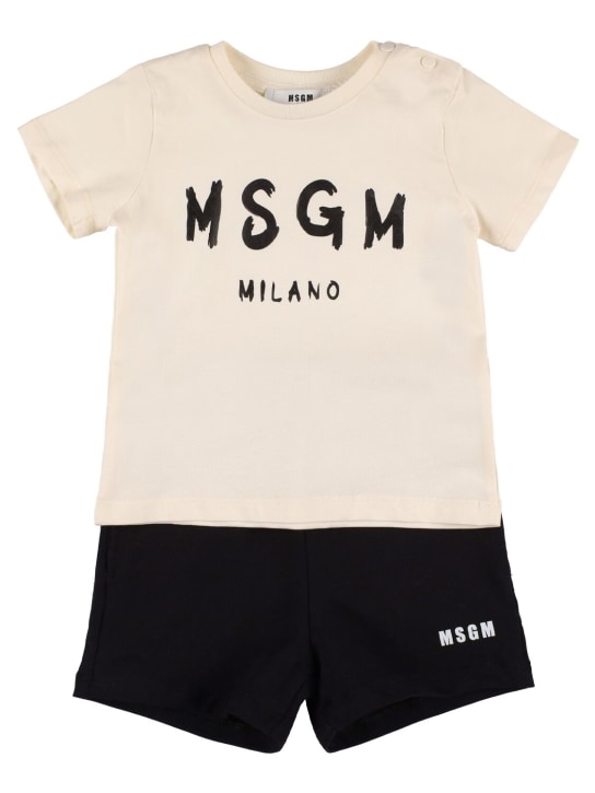 MSGM: 棉质平纹针织T恤&短裤 - 白色/黑色 - kids-boys_0 | Luisa Via Roma