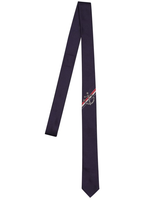Thom Browne: Classic silk jacquard tie - Lacivert - men_0 | Luisa Via Roma