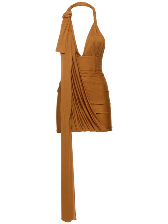 Blumarine: 垂褶粘胶纤维平纹针织迷你绕颈连衣裙 - 橙色 - women_0 | Luisa Via Roma