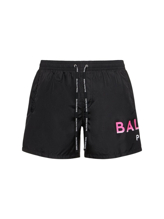 Balmain: Balmain logo科技织物沙滩裤 - 黑色/粉色 - men_0 | Luisa Via Roma