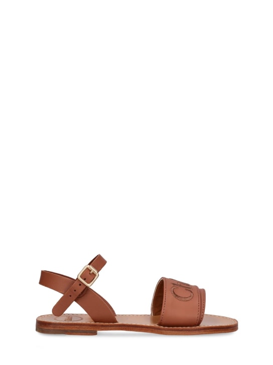Chloé: Logo皮革凉鞋 - 棕色 - kids-girls_0 | Luisa Via Roma