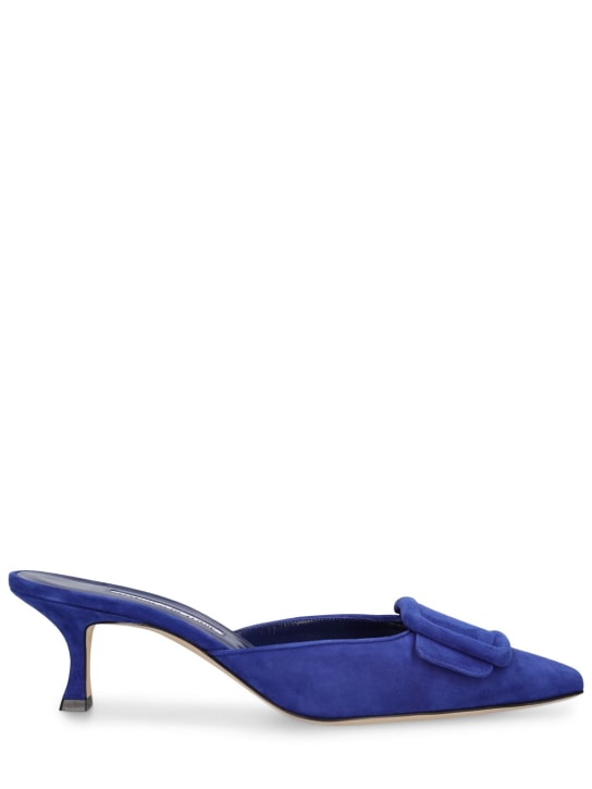 Manolo Blahnik: 50毫米Maysale麂皮穆勒鞋 - 蓝色 - women_0 | Luisa Via Roma