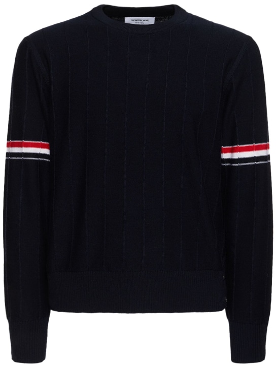 Thom Browne: Maglia girocollo relaxed fit in lana a costine - Navy - men_0 | Luisa Via Roma