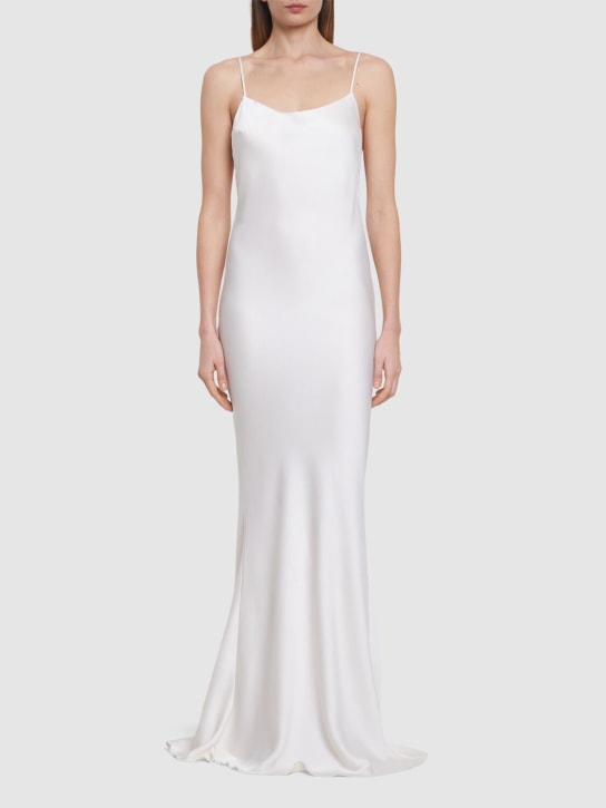 The Andamane: Bedrucktes Maxi-Slip-Kleid aus Satin „Ninfea“ - Weiß - women_1 | Luisa Via Roma