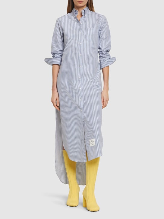 Thom Browne: Vestido camisero largo de popelina de algodón - Blanco/Azul - women_1 | Luisa Via Roma