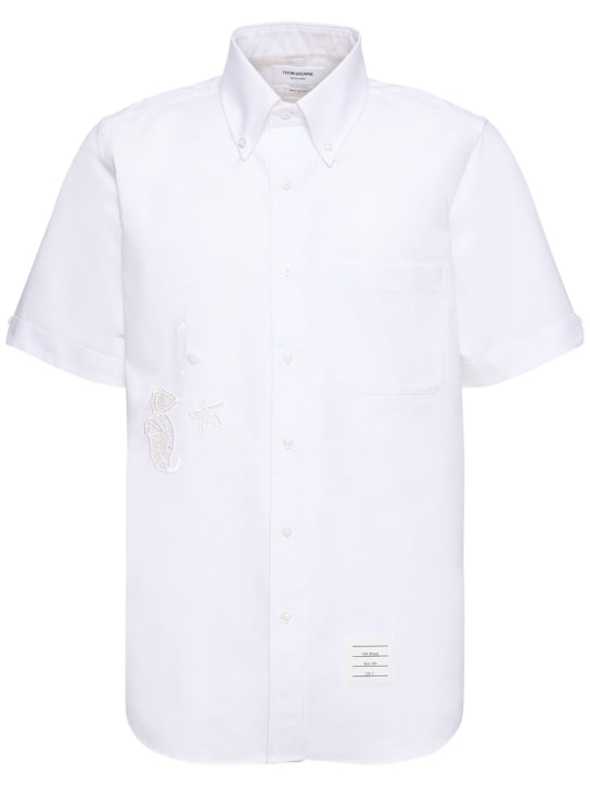 Thom Browne: 扣领棉质直筒版型衬衫 - 白色 - men_0 | Luisa Via Roma