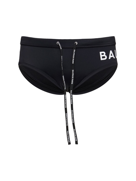 Balmain: Balmain logo弹力科技织物泳裤 - 黑色/白色 - men_0 | Luisa Via Roma
