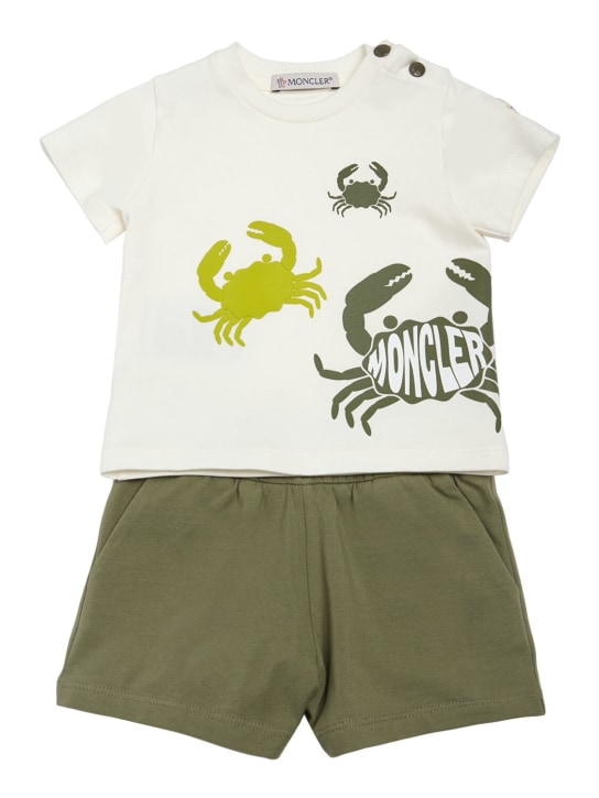 Moncler: コットンTシャツ＆ショートパンツ - ホワイト/グリーン - kids-boys_0 | Luisa Via Roma
