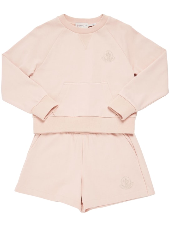 Moncler: コットンフリーススウェットシャツ＆スウェットショートパンツ - ピンク - kids-girls_0 | Luisa Via Roma