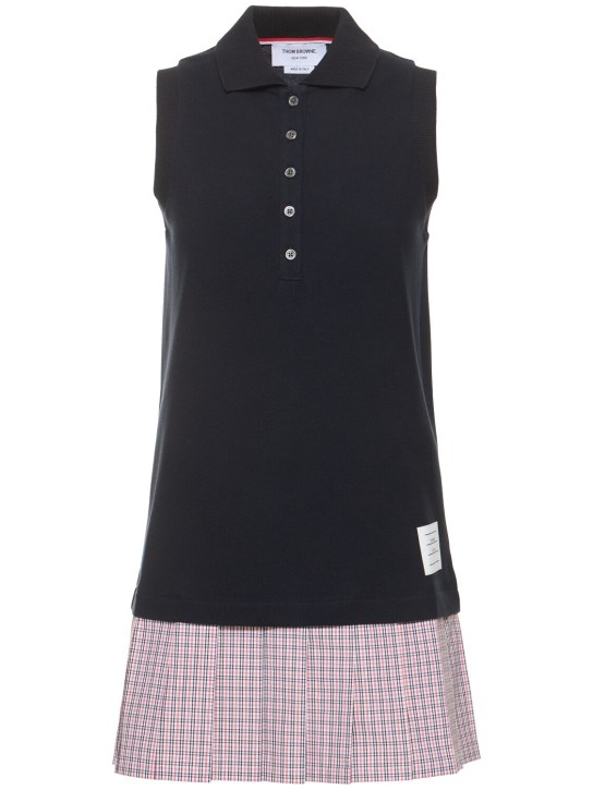 Thom Browne: Check print cotton mini polo dress - Multi/Navy - women_0 | Luisa Via Roma