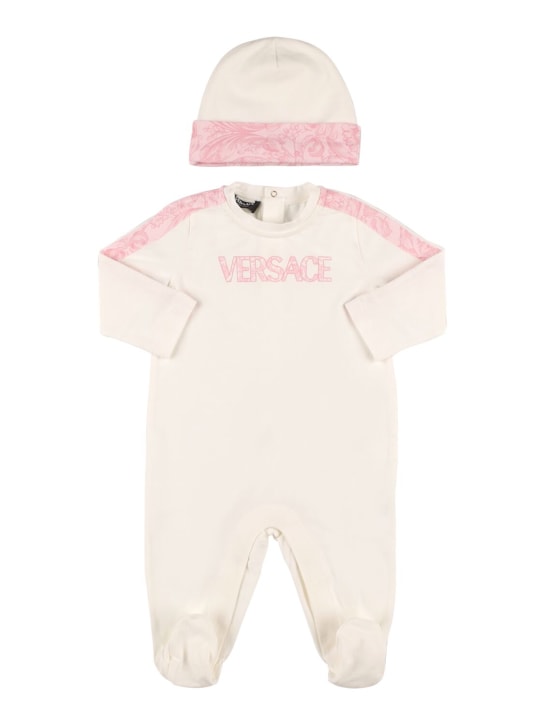 Versace: 프린트 코튼 저지 롬퍼 & 모자 - 화이트/핑크 - kids-girls_0 | Luisa Via Roma