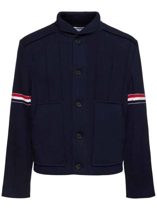 Thom Browne: Cotton & cashmere jacket - Lacivert - men_0 | Luisa Via Roma