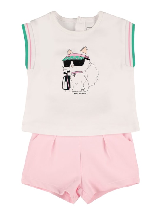 Karl Lagerfeld: 프린트 코튼 혼방 티셔츠 & 쇼츠 - 핑크/화이트 - kids-girls_0 | Luisa Via Roma