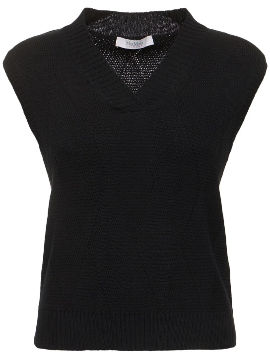 Max Mara: Zebio cotton knit v neck vest - Black - women_0 | Luisa Via Roma
