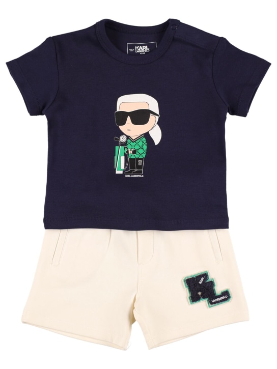 Karl Lagerfeld: 코튼 혼방 저지 티셔츠, & 쇼츠 - 블루/베이지 - kids-boys_0 | Luisa Via Roma