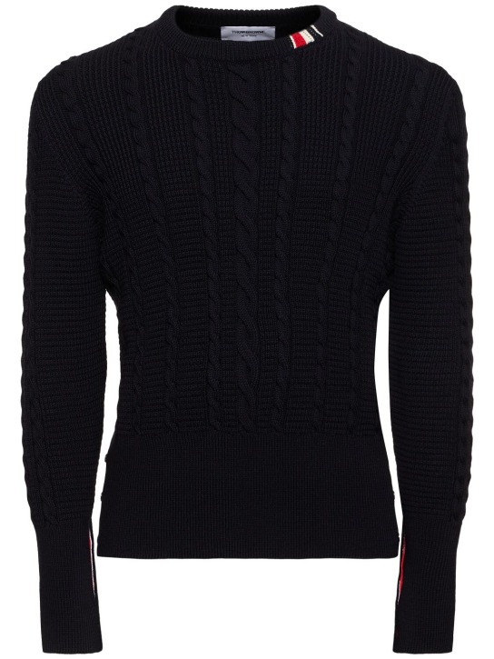 Thom Browne: Cable knit relaxed crewneck sweater - Lacivert - men_0 | Luisa Via Roma