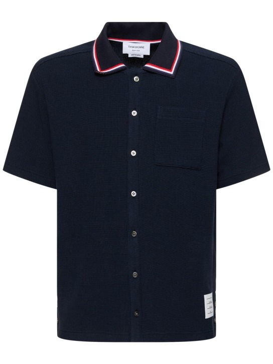 Thom Browne: Short sleeve button down shirt - Navy - men_0 | Luisa Via Roma