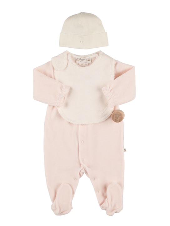 Bonpoint: Cotton romper, bib & hat - Light Pink - kids-girls_0 | Luisa Via Roma