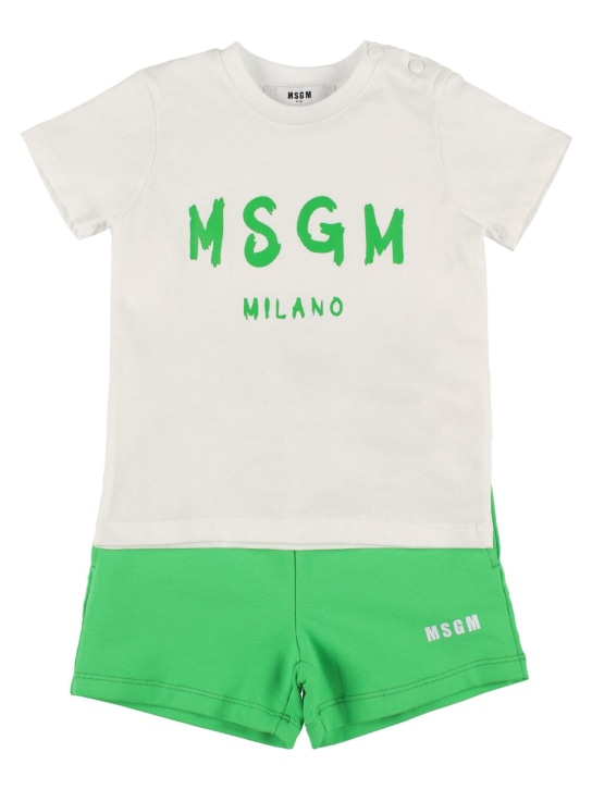 MSGM: 棉质平纹针织T恤&短裤 - 白色/绿色 - kids-boys_0 | Luisa Via Roma