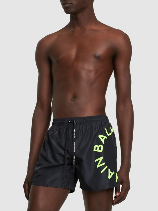 Balmain: Balmain logo tech swim shorts - Black/Yellow - men_1 | Luisa Via Roma