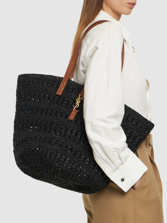 Saint Laurent: Medium raffia panier bag - Black - women_1 | Luisa Via Roma