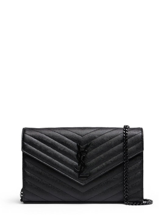 Saint Laurent: Monogram embossed leather chain wallet - Black - women_0 | Luisa Via Roma