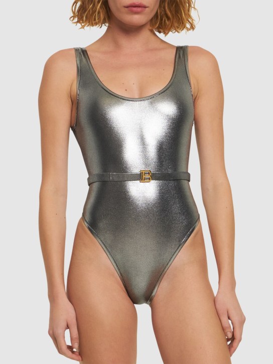 Balmain: Belted metallic one piece swimsuit - Silver - women_1 | Luisa Via Roma