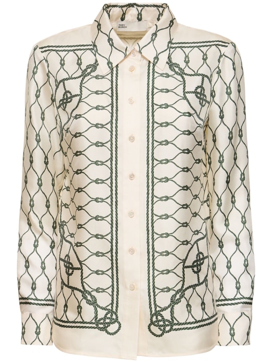 Tory Burch: Camisa de sarga de seda estampada - Verde/Multi - women_0 | Luisa Via Roma