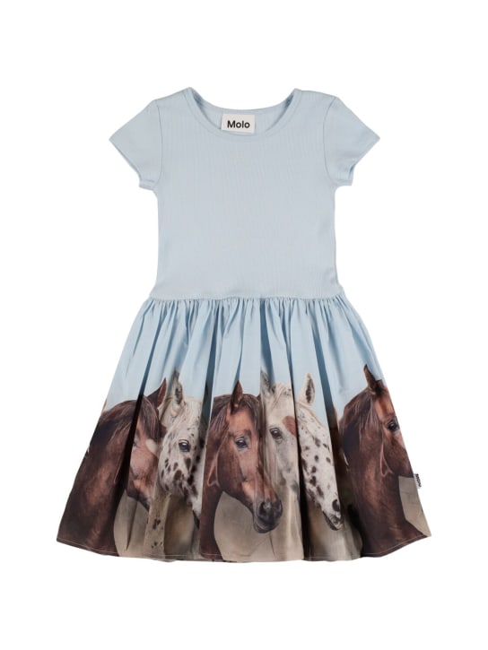 Molo: Horse print cotton blend dress - Açık Mavi - kids-girls_0 | Luisa Via Roma