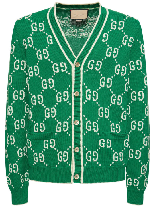 Gucci: Cardigan in maglia di cotone GG - Green/Ivory - men_0 | Luisa Via Roma