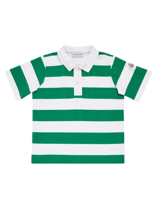 Moncler: Striped cotton polo shirt - White/Green - kids-boys_0 | Luisa Via Roma