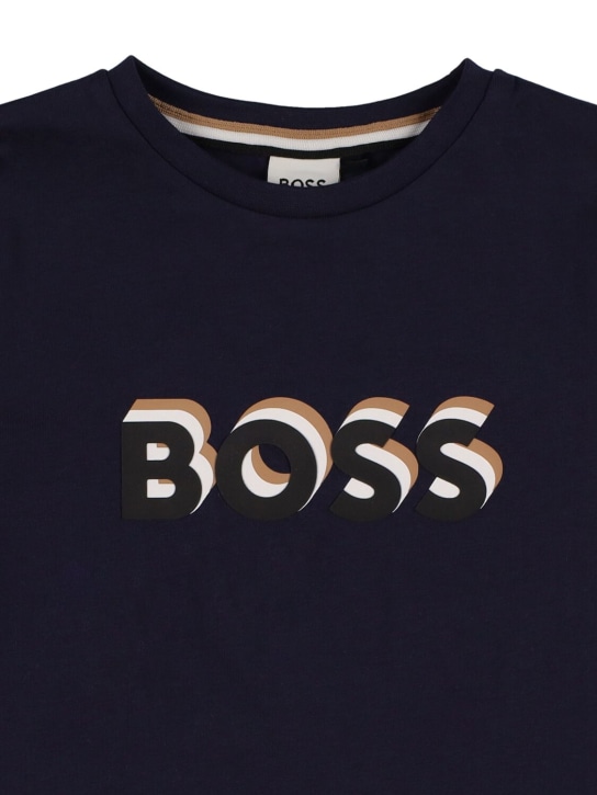 Boss: Camiseta de jersey de algodón con logo - Azul Marino - kids-boys_1 | Luisa Via Roma