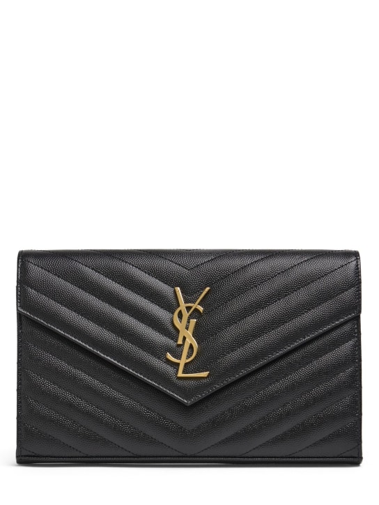 Saint Laurent: Monogram embossed leather chain wallet - Black - women_0 | Luisa Via Roma