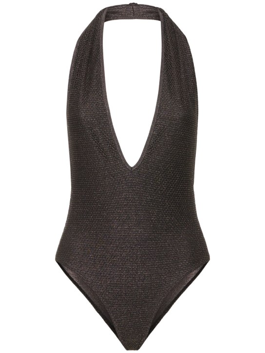 Palm Angels: Lurex V-neck one piece swimsuit - Siyah/Altın - women_0 | Luisa Via Roma