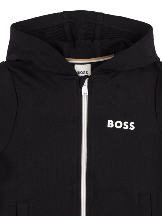 Boss: Sweat-shirt zippé en coton mélangé à capuche - Noir - kids-boys_1 | Luisa Via Roma